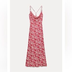 Zara NWT Red & White Spaghetti Strap Slip On Dress Cowl Neck Cottagecore Y2K XS